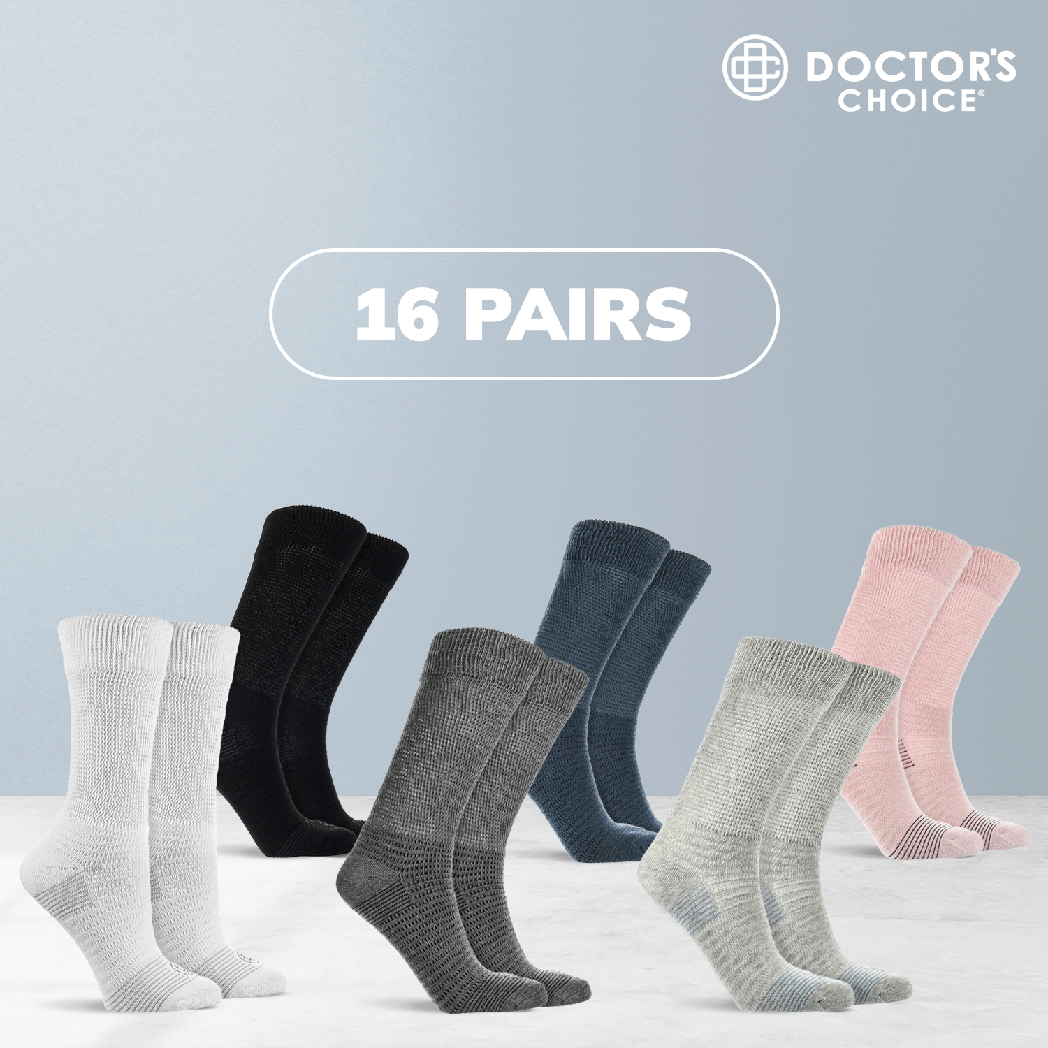 Doctor’s Choice Full Cushion Crew Diabetic Socks – 16 Pair Pack