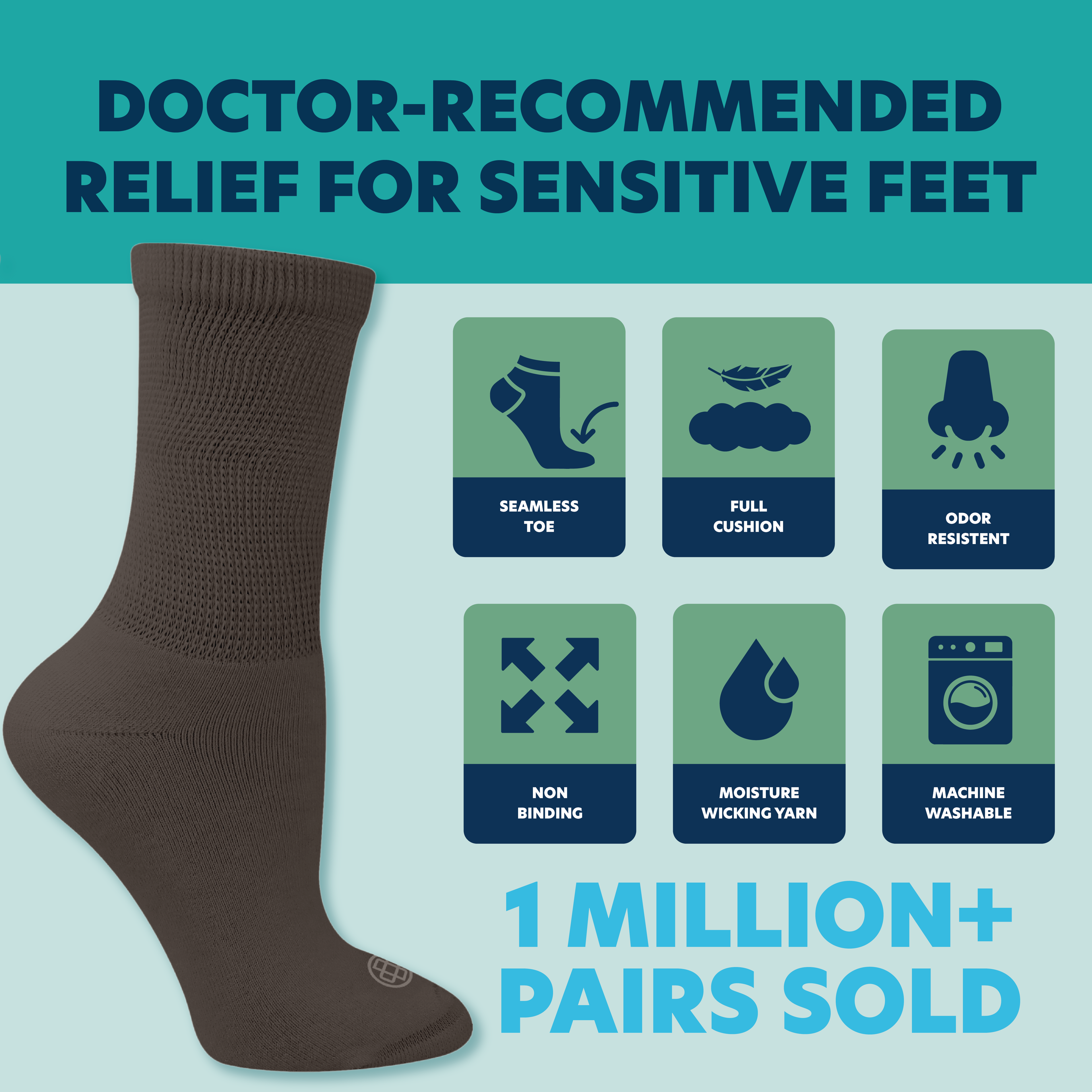 Diabetic Full Cushion Crew Socks, Mens, 4-Pack