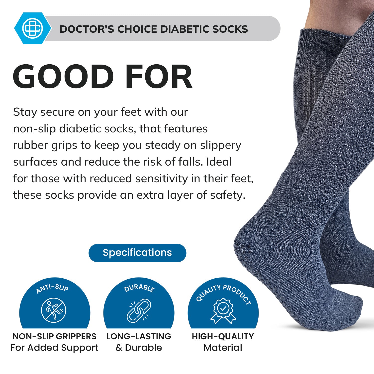 Diabetic Non-Slip Crew Socks, 3 Pack