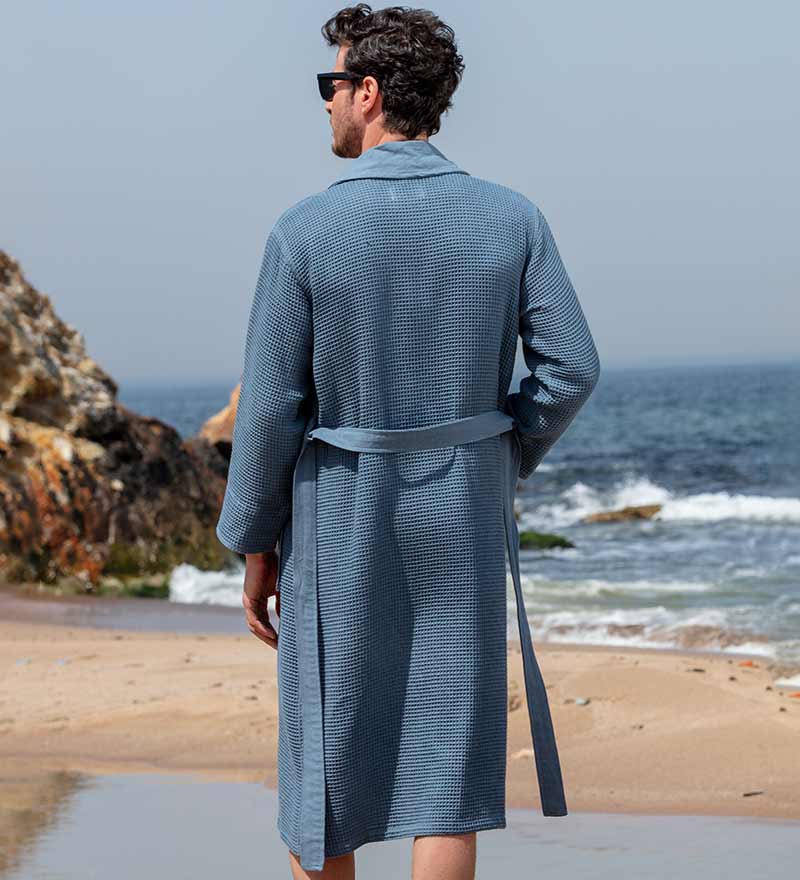 Waffle Weave Lightweight Robes for Men with Shawl Collar Indigo Blue Back